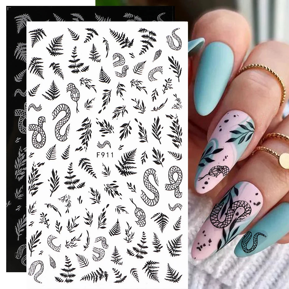 1PCS New 3D Devil's Eye Snake Nail Stickers Nail Art Decoration Black White Flowers Leaves Sticker Nail Art Decals Nail Parts