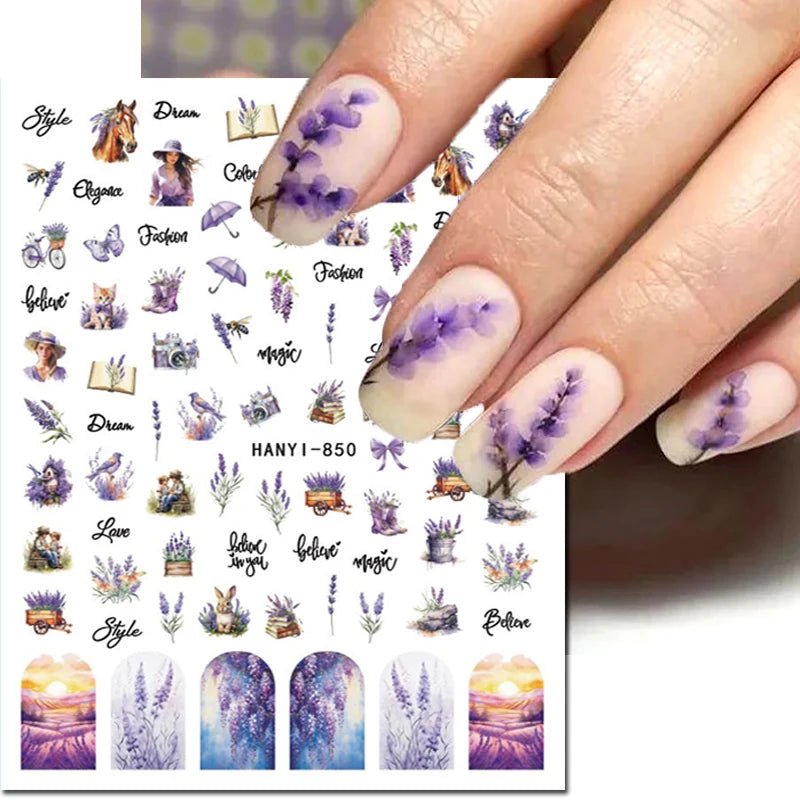 3d Nail Art Stickers Purple Lavenders Bunch Flowers Girls Rabbits Butterflys Decals For Nails Tips Decorations Manicures