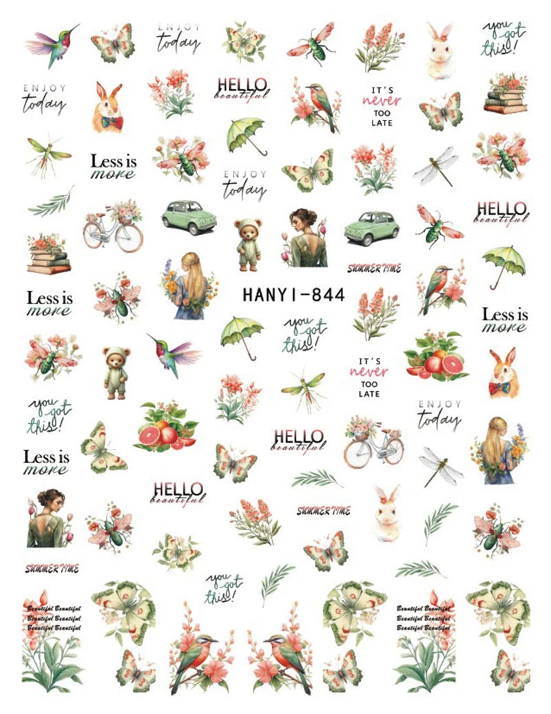 3d Nail Art Stickers Purple Lavenders Bunch Flowers Girls Rabbits Butterflys Decals For Nails Tips Decorations Manicures