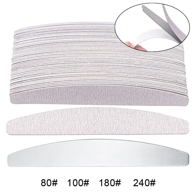 100er Set Ersatzfeilen Halbmond – 80/100/180/240 Grit mit Metallgriff | Nagelfeilen Aufsätze für Maniküre