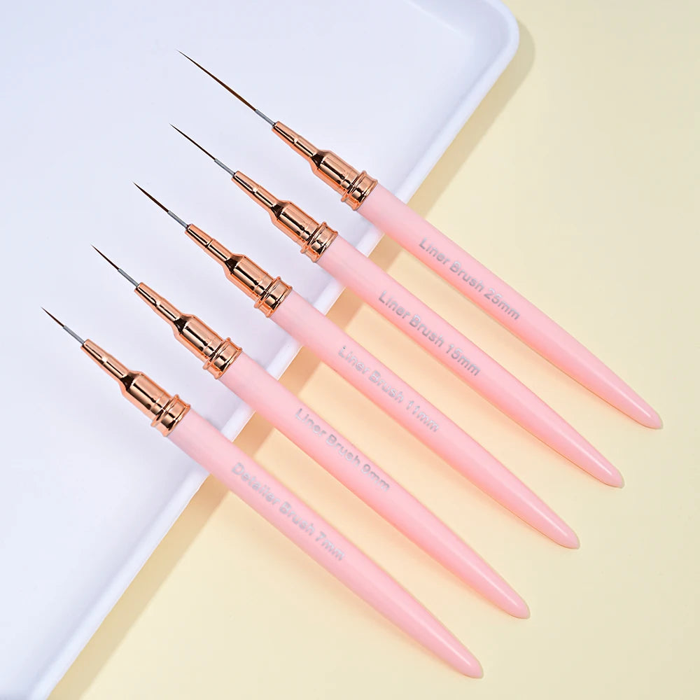 5er-Set Nail Art Liner Pinsel – Rosa, ultrafein für French & Linien (7/10/12/15/20mm)