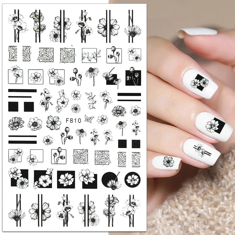 1PCS New 3D Devil's Eye Snake Nail Stickers Nail Art Decoration Black White Flowers Leaves Sticker Nail Art Decals Nail Parts