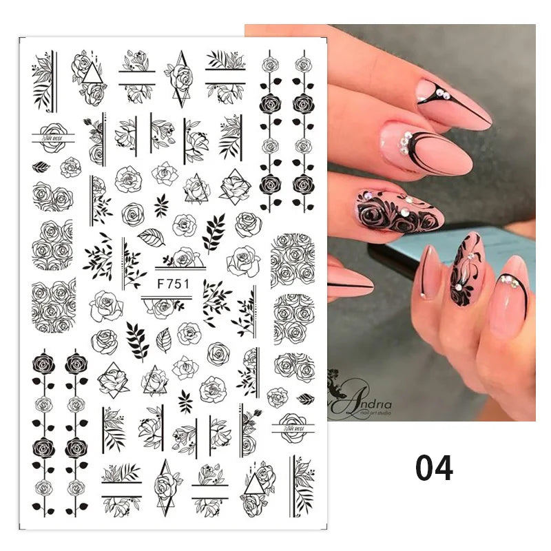 1PCS New 3D Devil's Eye Snake Nail Stickers Nail Art Decoration Black White Flowers Leaves Sticker Nail Art Decals Nail Parts