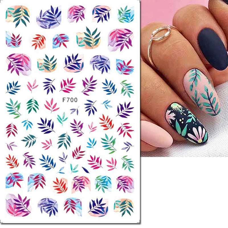 3D Nail Sticker – Tropische Blätter & Linien Design Schwarz & Weiß