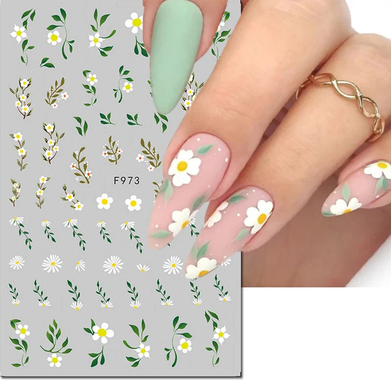 3D Nagelsticker Weißer Pflaumenblüten mit Goldperlen & Schmetterlingen
