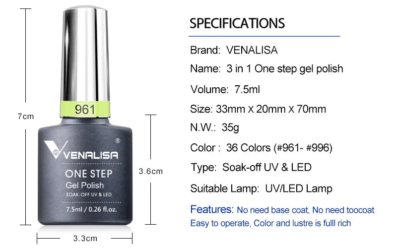 Venalisa 3-in-1 Gel Polish – 7,5ml One Step UV/LED Gel, Ohne Base & Top