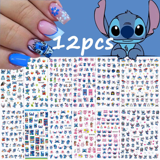 Nagelsticker „Stitch & Angel“ – 12 Bögen Cartoon-Kollektion für Kinder & Nail Art