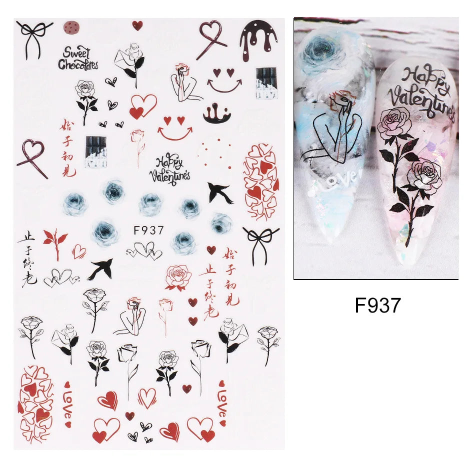 Love & Heart Valentine's Day Nail Stickers – Schwarz Weiß 3D Aufkleber