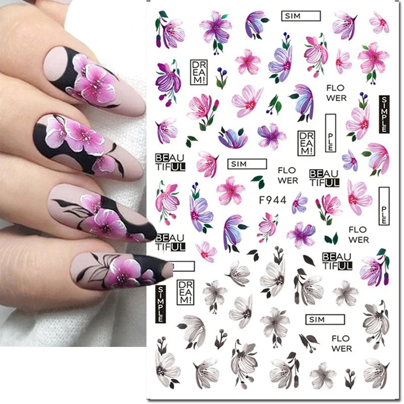 3D Nagelsticker Weißer Pflaumenblüten mit Goldperlen & Schmetterlingen 2.