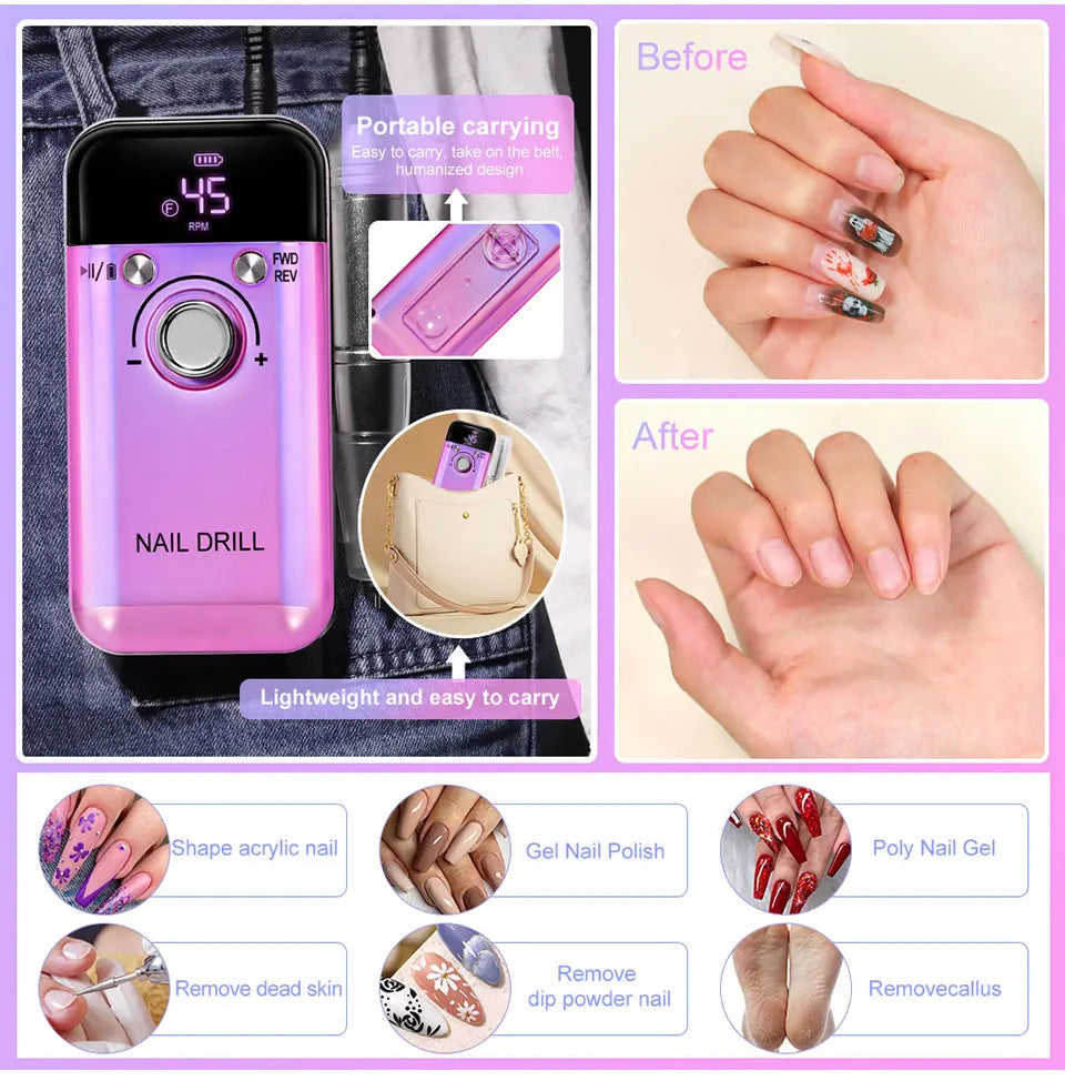 45000RPM Rechargeable Electric Nail Drill Machine Professional Nail Drills for Gel Nails Polish Portable Nail File Manicure Tool
