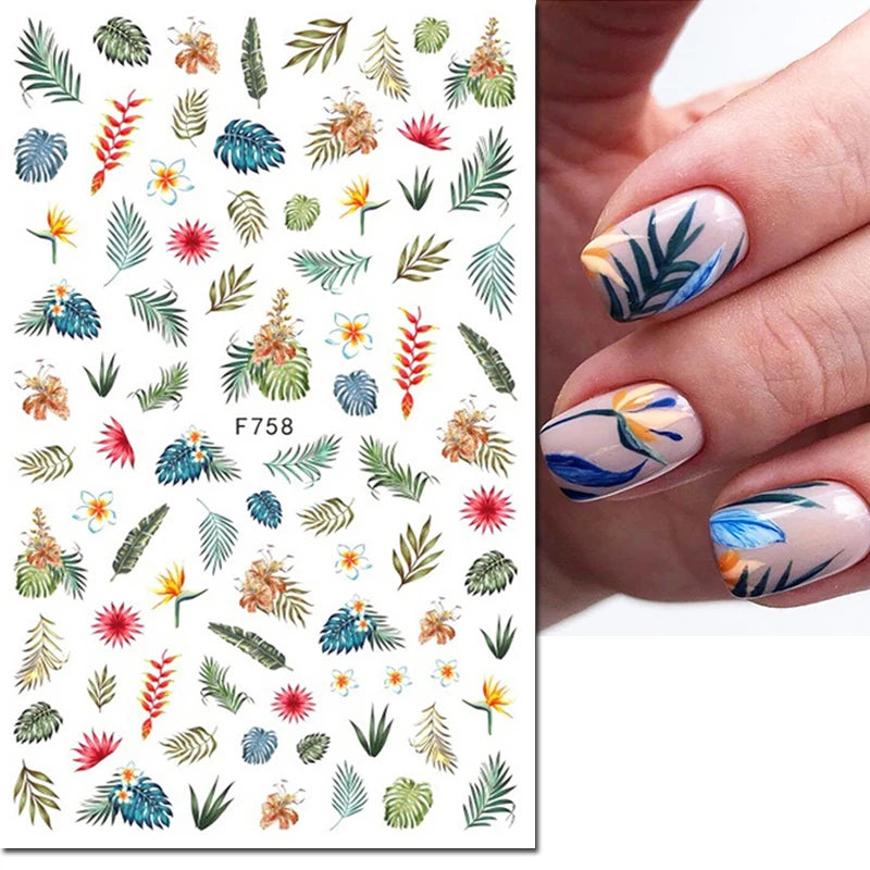 3D Nail Sticker – Tropische Blätter & Linien Design Schwarz & Weiß