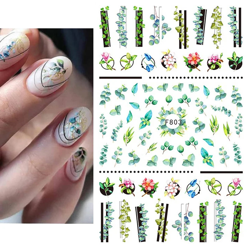 3D Nail Sticker – Tropische Blätter & Linien Design Schwarz & Weiß