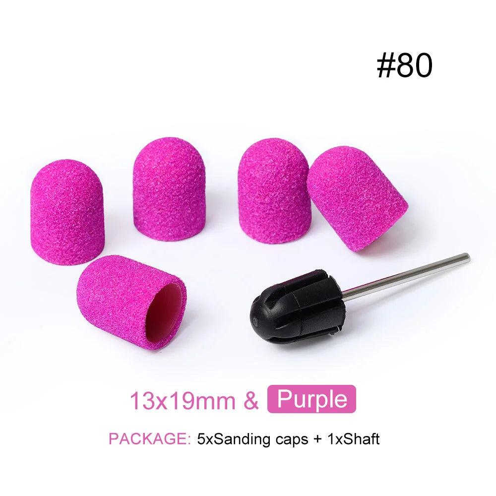 Schleifkappen 5/10/20 Stück – Verschiedene Farben & Grits (80/120/180) + Gummikopf für Nagelfräser