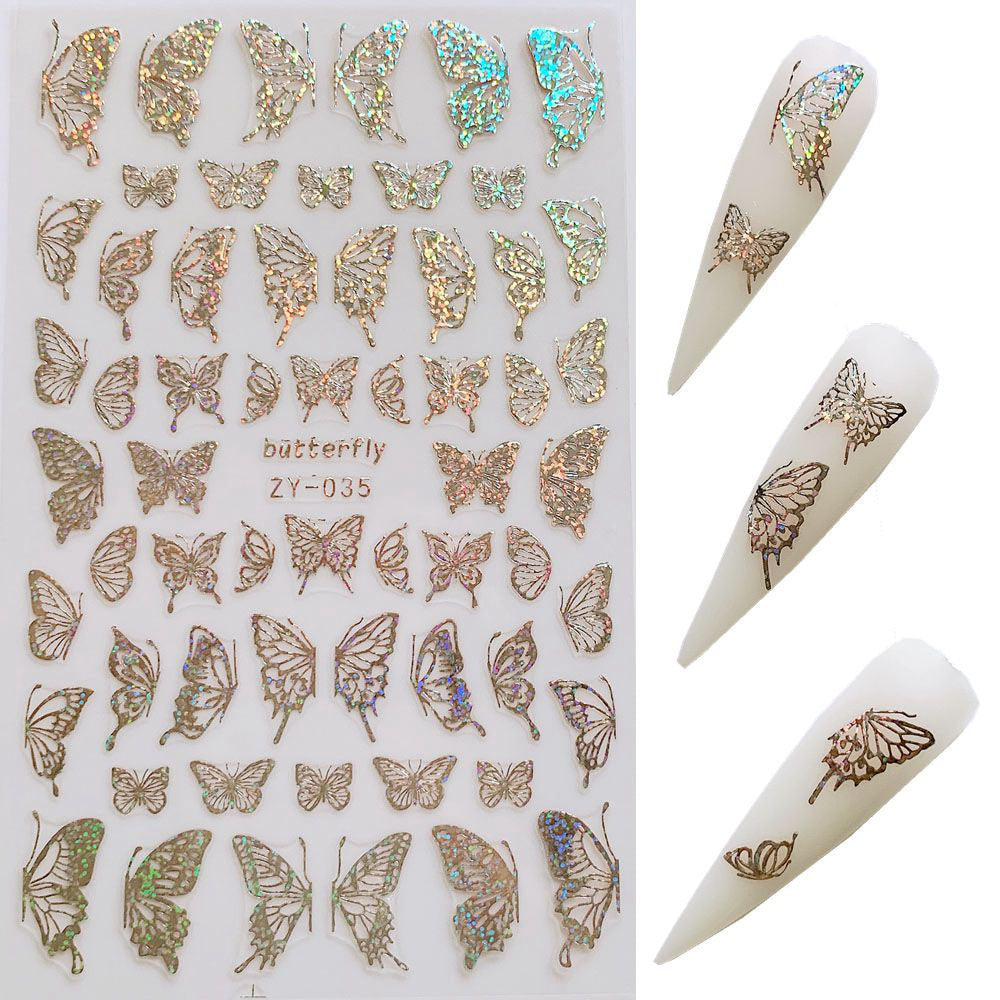 Gold & Silber Schmetterling Nagelsticker – Holografisch | Laser Design | Selbstklebend | 24 Monate Haltbar