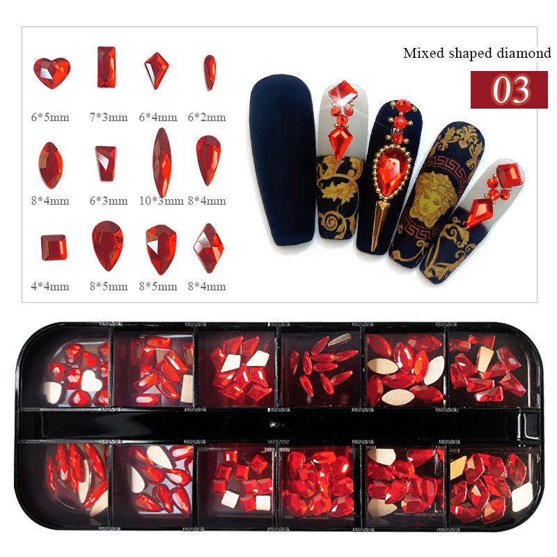 12-fach Acryl Nailart Strass-Set – Flachbodige Schmucksteine in Box – Glitzersteine für Nägel