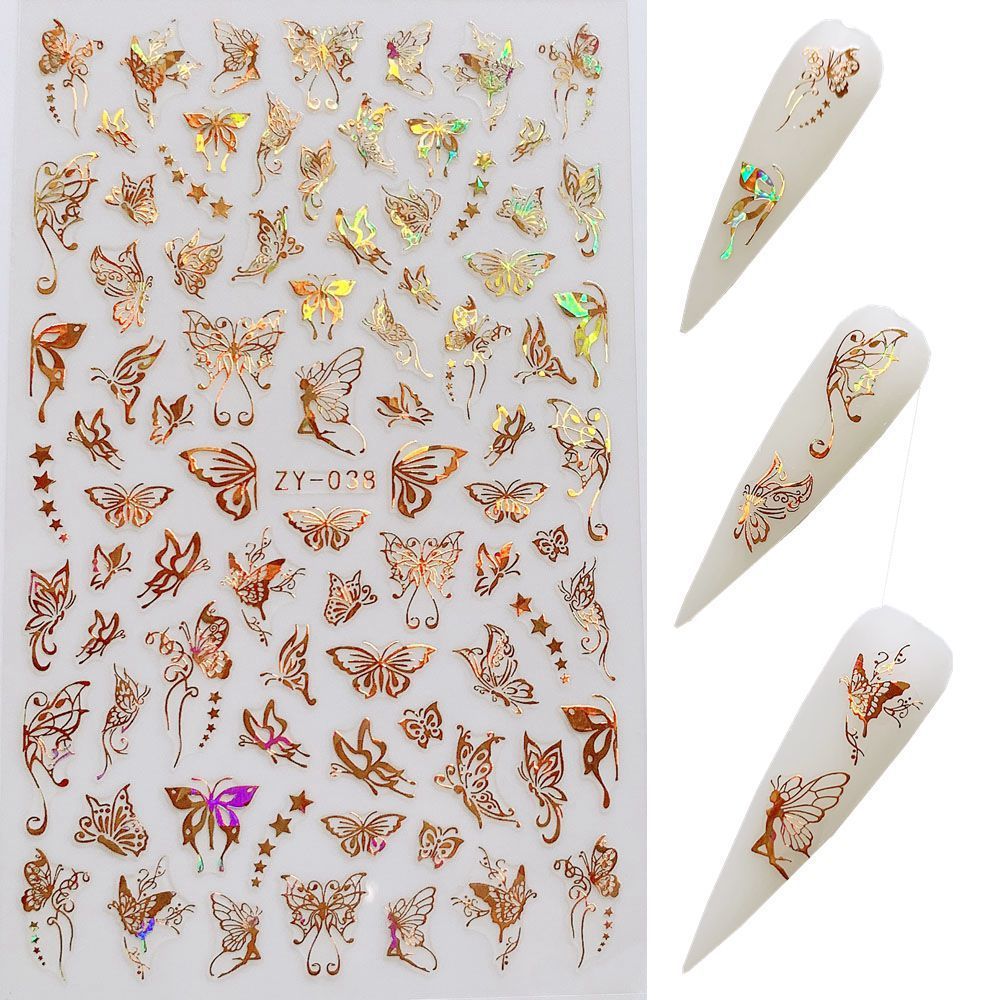 Gold & Silber Schmetterling Nagelsticker – Holografisch | Laser Design | Selbstklebend | 24 Monate Haltbar