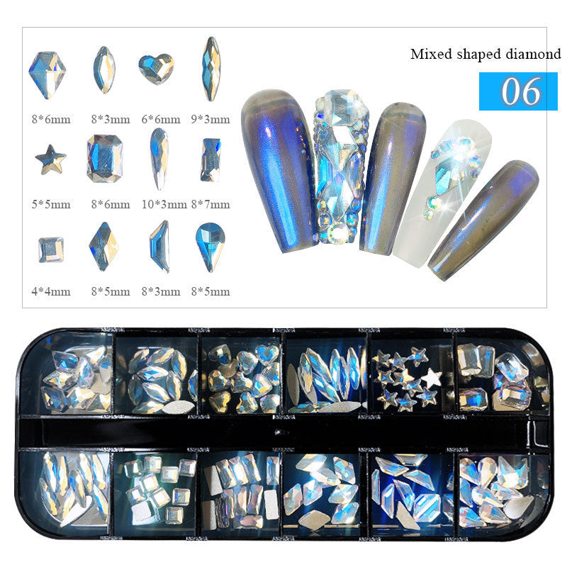 12-fach Acryl Nailart Strass-Set – Flachbodige Schmucksteine in Box – Glitzersteine für Nägel
